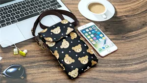 Cute bear pattern crossbody phone bag detail view, multi-layer waterproof design for women.