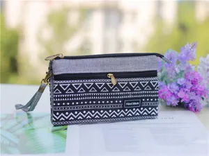Détail de la pochette en toile imprimée géométrique avec plusieurs fermetures éclair.