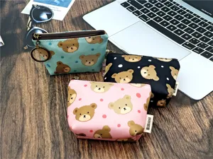 Schattige cartoon beer print canvas portemonnee, kleine etui met rits voor dagelijks gebruik.