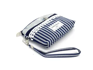 Portamonete in tela con doppia zip, elegante borsetta a righe blu con comodo cinturino da polso.
