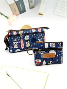 Sac pochette et porte-monnaie multi-couches imprimé hibou de dessin animé en toile.