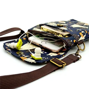 Waterproof laminated multi-layer cross-body mobile phone bag with adjustable brown strap.