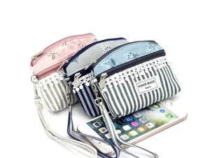 Korean style floral double zipper fabric coin purse with wrist strap, cute small pouch bag.