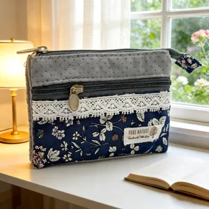 Women Multi-Layer Cotton Fabric Coin Purse Floral Printed Square Small Change Pouch Mini Wallet Cute Zipper Pouch Bag