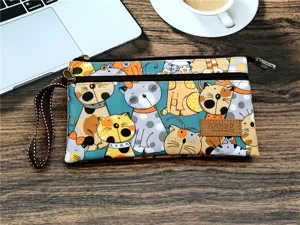 Joli sac pochette zippée multicouche motif chat de dessin animé en toile avec lanière pour femme.