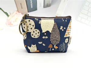 Leuke uil print schattige portemonnee met rits en sleutelhanger, compact handig tasje.