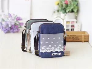 Mini borsa a tracolla in tela con finiture in pizzo, grazioso portamonete da donna.
