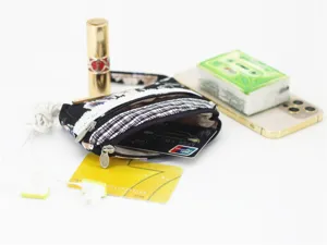 Floral print fabric coin purse with double zippers, compact mini pouch for keys and cards.