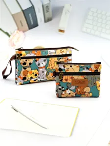 Joli sac à main porte-monnaie en toile multicouche motif chat dessin animé pour femmes.
