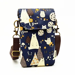 Laminated waterproof crossbody phone bag for women with cute bear and owl forest print design