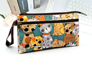 Trousse a crayons en toile multi-couches avec impression de chat mignon, pochette portable.