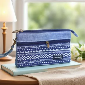 Blauwe linnen multi-layer polstas clutch, geometrisch patroon vrouwen opbergtas SKU