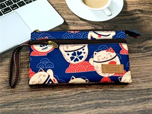 Pochette poignet zippée multicouche en toile bleue avec motif chat porte-bonheur, sac.