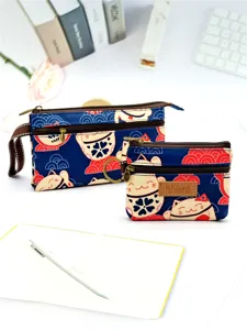 Porte-monnaie et pochette zippés en toile multicouche avec joli imprimé chat chanceux.