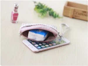 Korean style striped canvas coin purse mini zipper pouch detail view with wrist strap.