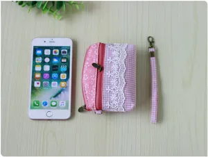Pink plaid lace coin purse with double zippers and strap, sweet style compact daily wallet.