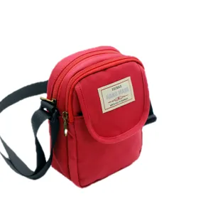 Borsa a tracolla in nylon rosso da donna, borsa porta cellulare casual minimalista vista principale.
