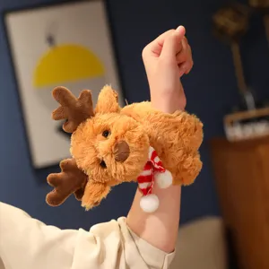 Cute plush reindeer slap bracelet for kids, soft stuffed animal wristband Christmas gift.