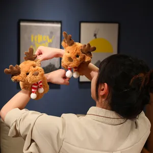 Cute plush reindeer slap bracelet for kids, soft stuffed animal wristband Christmas gift.