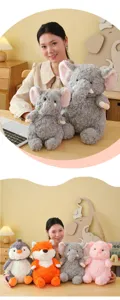 Cute plush animal stuffed toys collection featuring elephant, fox, penguin, and pig. Soft and cuddly.