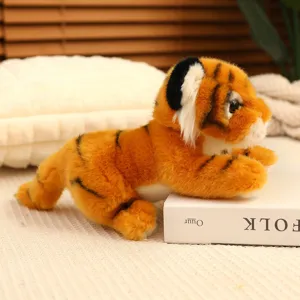 Detail shot of realistic plush tiger toy, soft material, lifelike lying design, cute children gift.