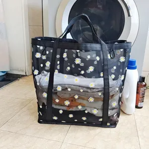 Gran bolsa de ropa de malla negra con diseño de margaritas blancas, cesta de almacenamiento.