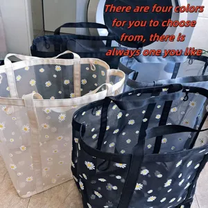 Cesta de ropa de malla de gran capacidad con margaritas, organizador plegable y portátil.