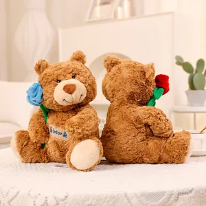 Süßer brauner Teddybär Plüschtier mit Rose, weiche Stofftier Puppe für Geschenke und Dekoration.