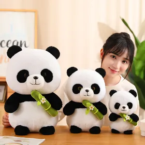 Cute panda plush toys holding bamboo with flowers, soft stuffed animal dolls, kids gift.