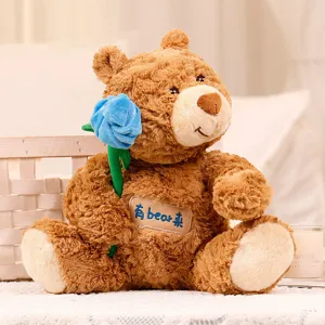 Süßer brauner Teddybär Plüschtier mit blauer Rose weiches Stofftier Geschenk für Kinder