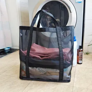 Gran bolsa de ropa de malla negra, cesta de almacenamiento plegable portátil para el hogar.