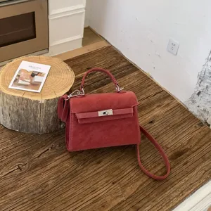 Retro Red Women Top Handle Shoulder Bag Chic Lock Flap Crossbody Bag Spring Summer