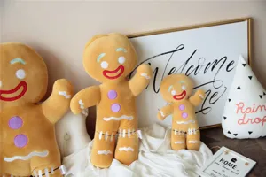 Cute gingerbread man plush toy detail, soft stuffed doll in warm home decor scene setup.