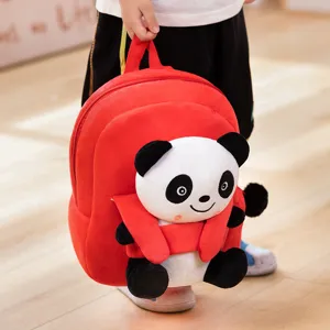 Zaino rosso in peluche con panda per bambini, morbida borsa scolare e bellissimo regalo.