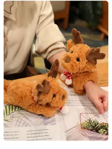 Plush reindeer slap bracelet detail, cute stuffed animal wristband, soft holiday toy gift.