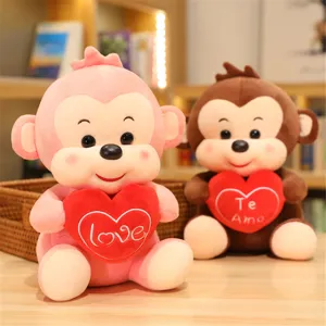 Cute plush monkey toy with heart shape holding design, soft stuffed animal doll for kids gift.