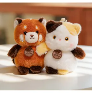 Cute plush animal toy pendant, soft red panda and calico cat bag charm for gift.