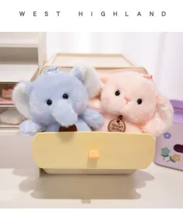 Cute plush animal elephant and bunny doll pendant detail view, soft toy decor scene.