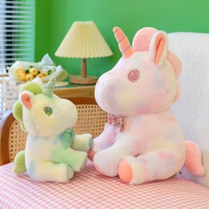 Close-up detail of cute colorful unicorn plush toys, soft pastel design, cozy room display.
