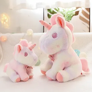 Cute pastel rainbow unicorn plush toy set with bow tie, soft stuffed animal doll for kids gift.