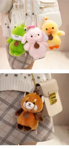 Cute animal plush pendant keychain for backpack or handbag, soft stuffed toy accessory.