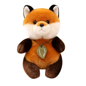 Cute fluffy fox plush toy soft stuffed animal doll with leaf pendant for kids birthday gift