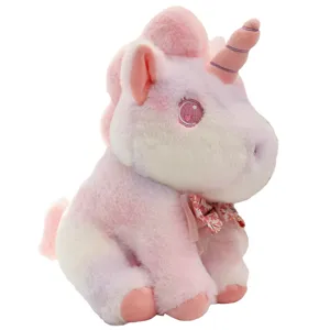 Cute pastel unicorn plush toy, soft stuffed animal doll with floral bow for kids gifts.