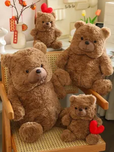 Cute brown teddy bear plush toy with red heart, soft stuffed animal doll for girls gift.
