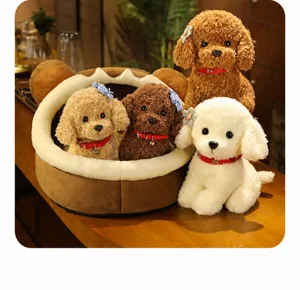 Detailed view of cute simulation plush teddy dog toys set with cozy pet bed, soft material.