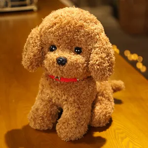 Brown plush toy cute sitting poodle dog doll soft stuffed animal children gift present.