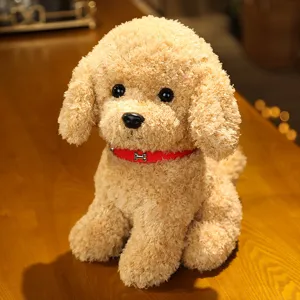 Detailed view of cute sitting Teddy dog plush toy, soft brown curly fur, perfect gift.