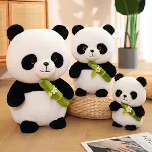 Cute panda plush toy set soft stuffed animal holding bamboo with flower for kids gift