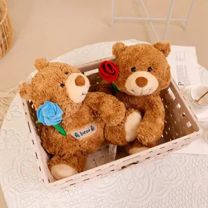 Süßes braunes Plüsch Teddybär Paar mit Rosen, weiches Kuscheltier Stofftier Geschenk für Valentinstag.