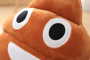 Close-up detail of the funny poop emoji plush pillow, soft brown fabric and embroidered facial features.